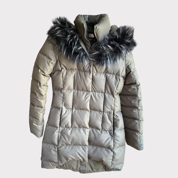 The North Face 550 Size S Olive Green Quilted Goose Down Fur Trim Hood Jacket - Picture 8 of 14